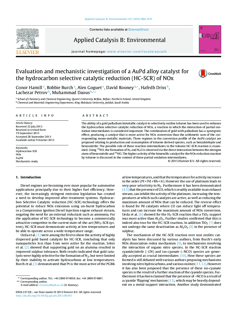 Evaluation and mechanistic investigation of a AuPd alloy catalyst for the hydrocarbon selective catalytic reduction (HC-SCR) of NOx