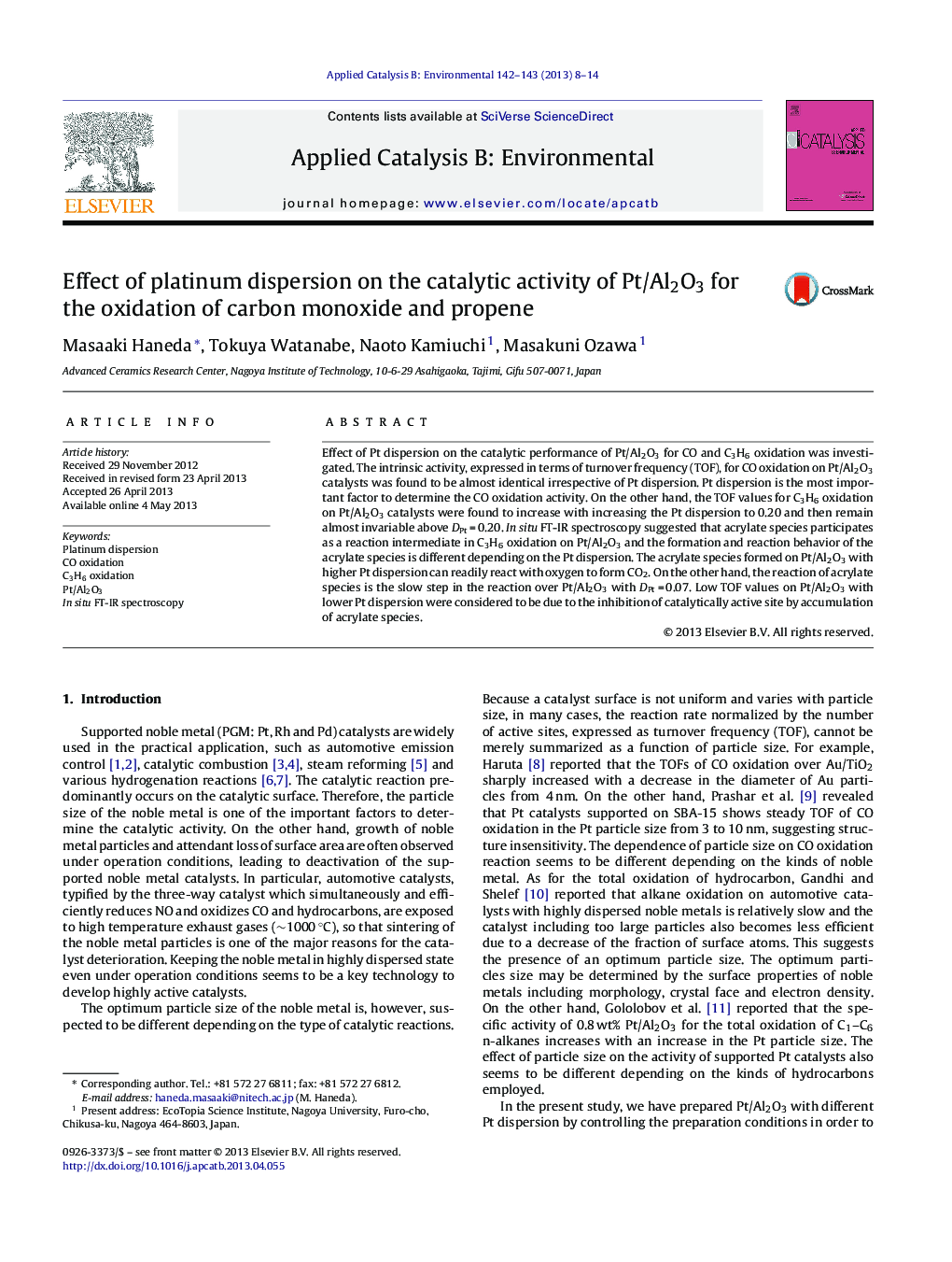 Effect of platinum dispersion on the catalytic activity of Pt/Al2O3 for the oxidation of carbon monoxide and propene