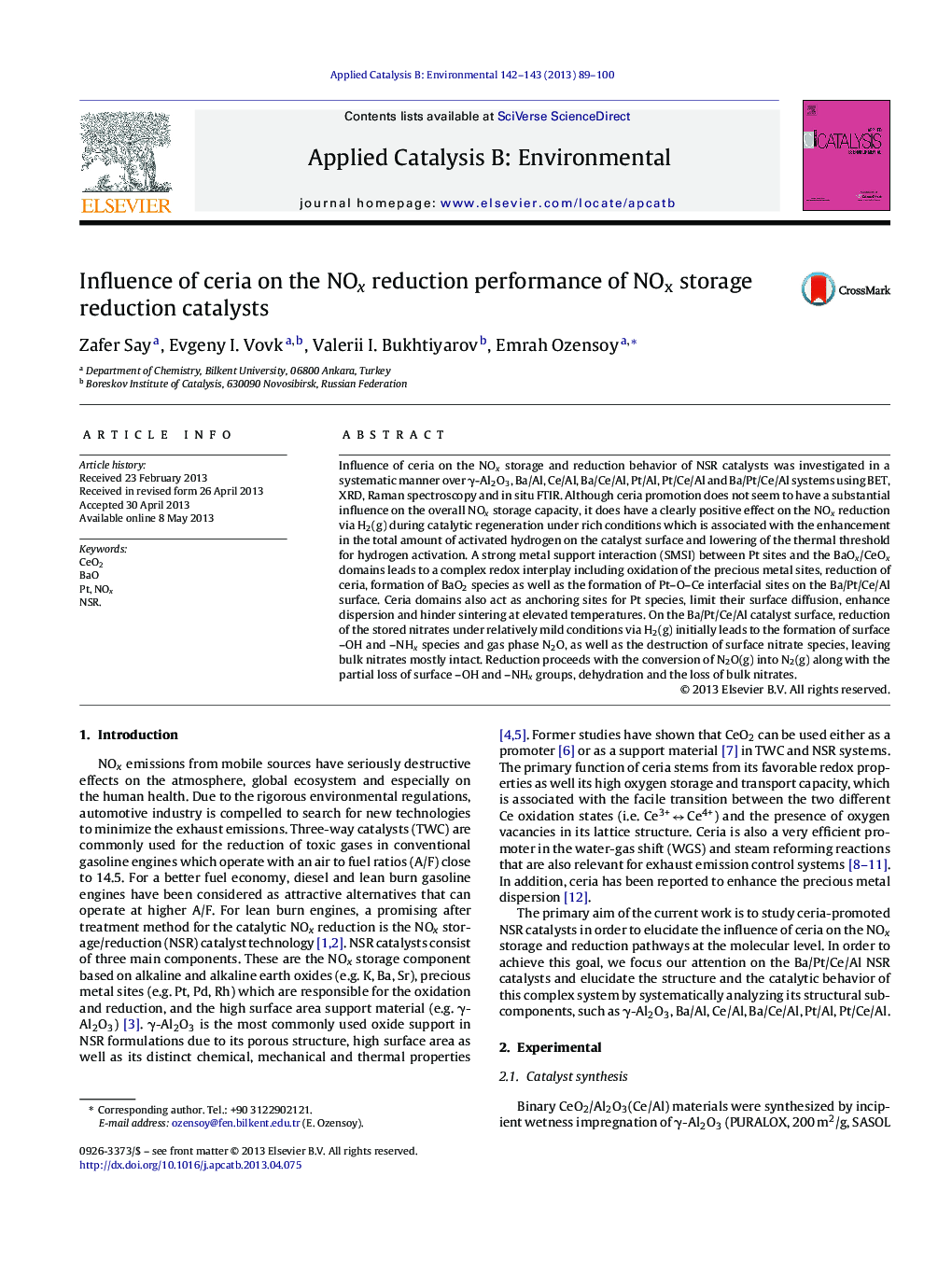 Influence of ceria on the NOx reduction performance of NOx storage reduction catalysts