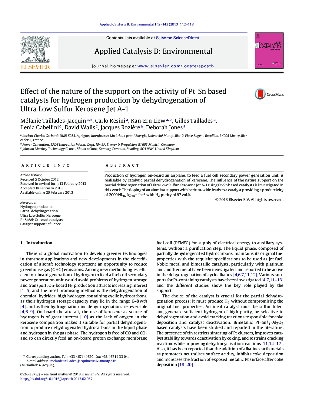 Effect of the nature of the support on the activity of Pt-Sn based catalysts for hydrogen production by dehydrogenation of Ultra Low Sulfur Kerosene Jet A-1