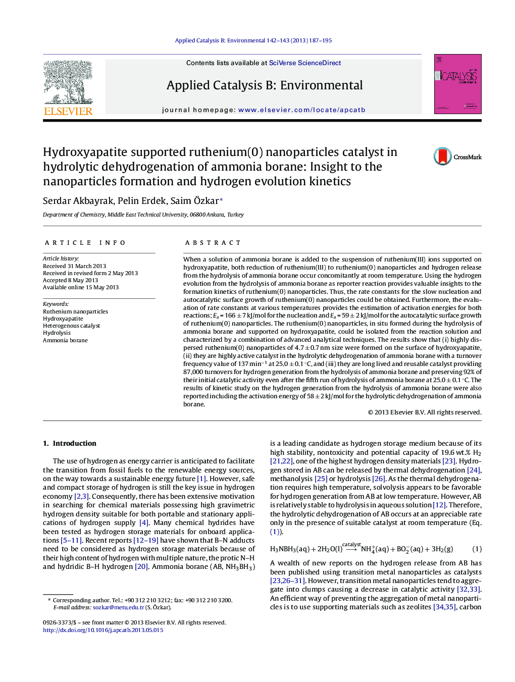 Hydroxyapatite supported ruthenium(0) nanoparticles catalyst in hydrolytic dehydrogenation of ammonia borane: Insight to the nanoparticles formation and hydrogen evolution kinetics