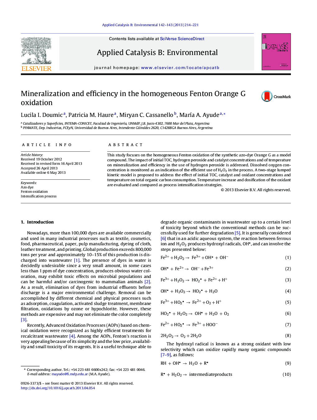 Mineralization and efficiency in the homogeneous Fenton Orange G oxidation