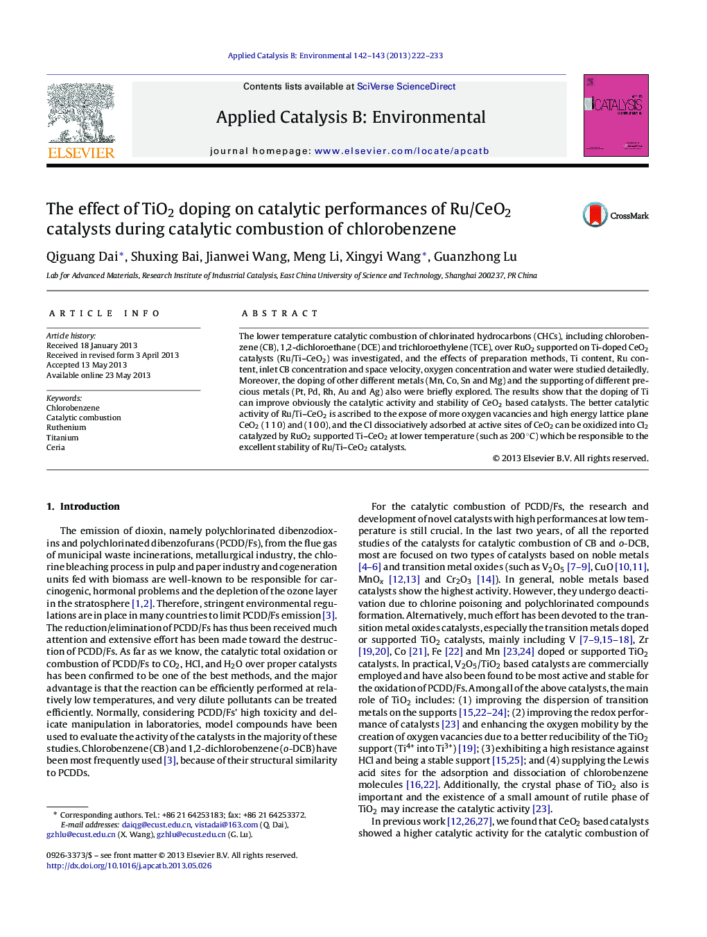 The effect of TiO2 doping on catalytic performances of Ru/CeO2 catalysts during catalytic combustion of chlorobenzene