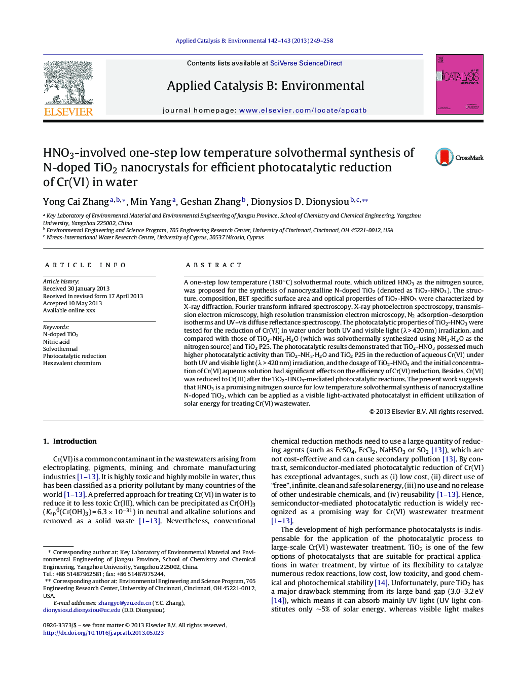 HNO3-involved one-step low temperature solvothermal synthesis of N-doped TiO2 nanocrystals for efficient photocatalytic reduction of Cr(VI) in water