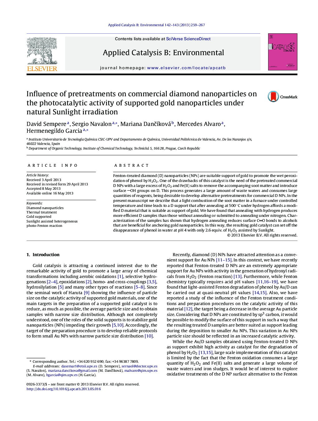 Influence of pretreatments on commercial diamond nanoparticles on the photocatalytic activity of supported gold nanoparticles under natural Sunlight irradiation