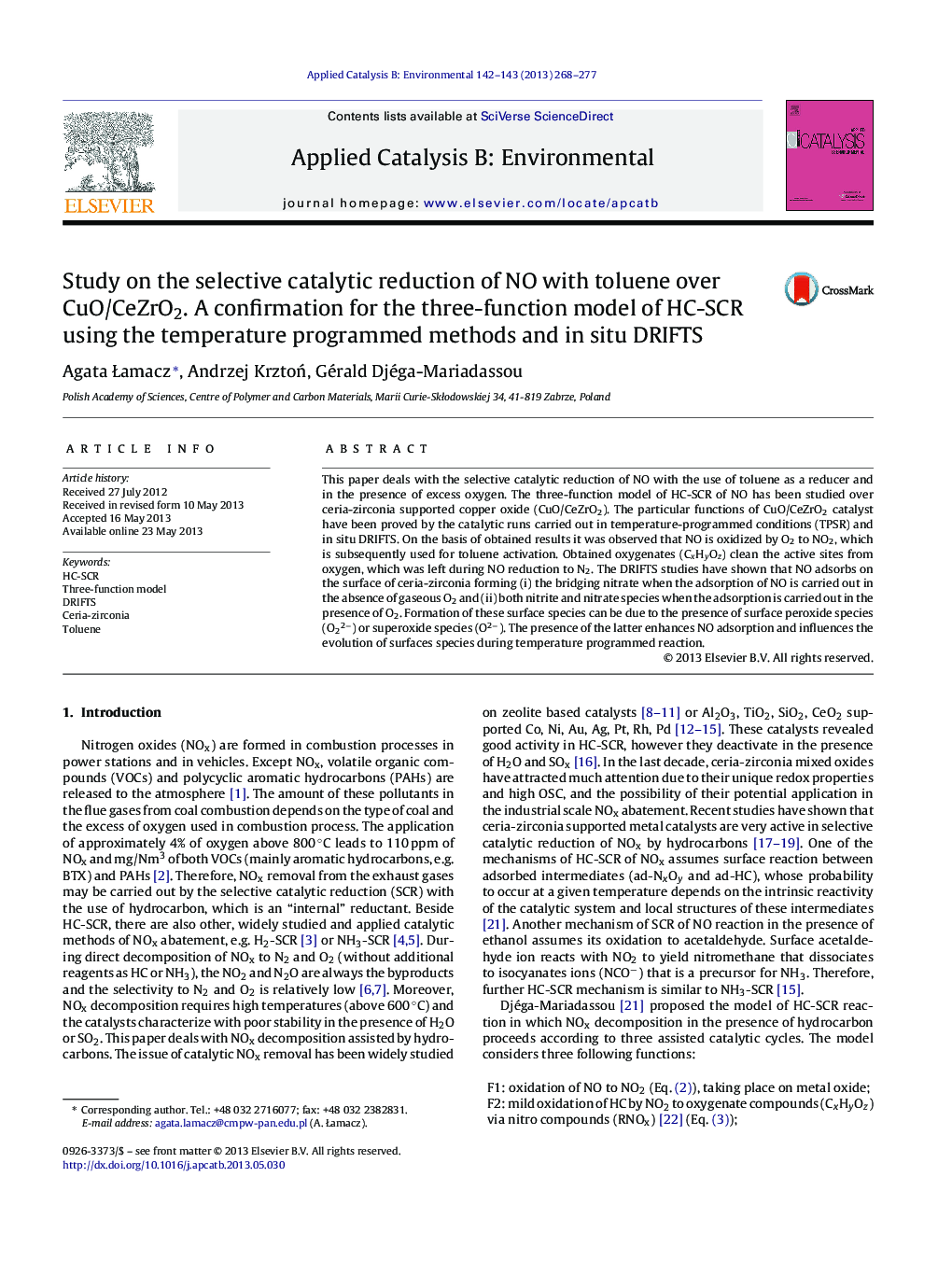 Study on the selective catalytic reduction of NO with toluene over CuO/CeZrO2. A confirmation for the three-function model of HC-SCR using the temperature programmed methods and in situ DRIFTS