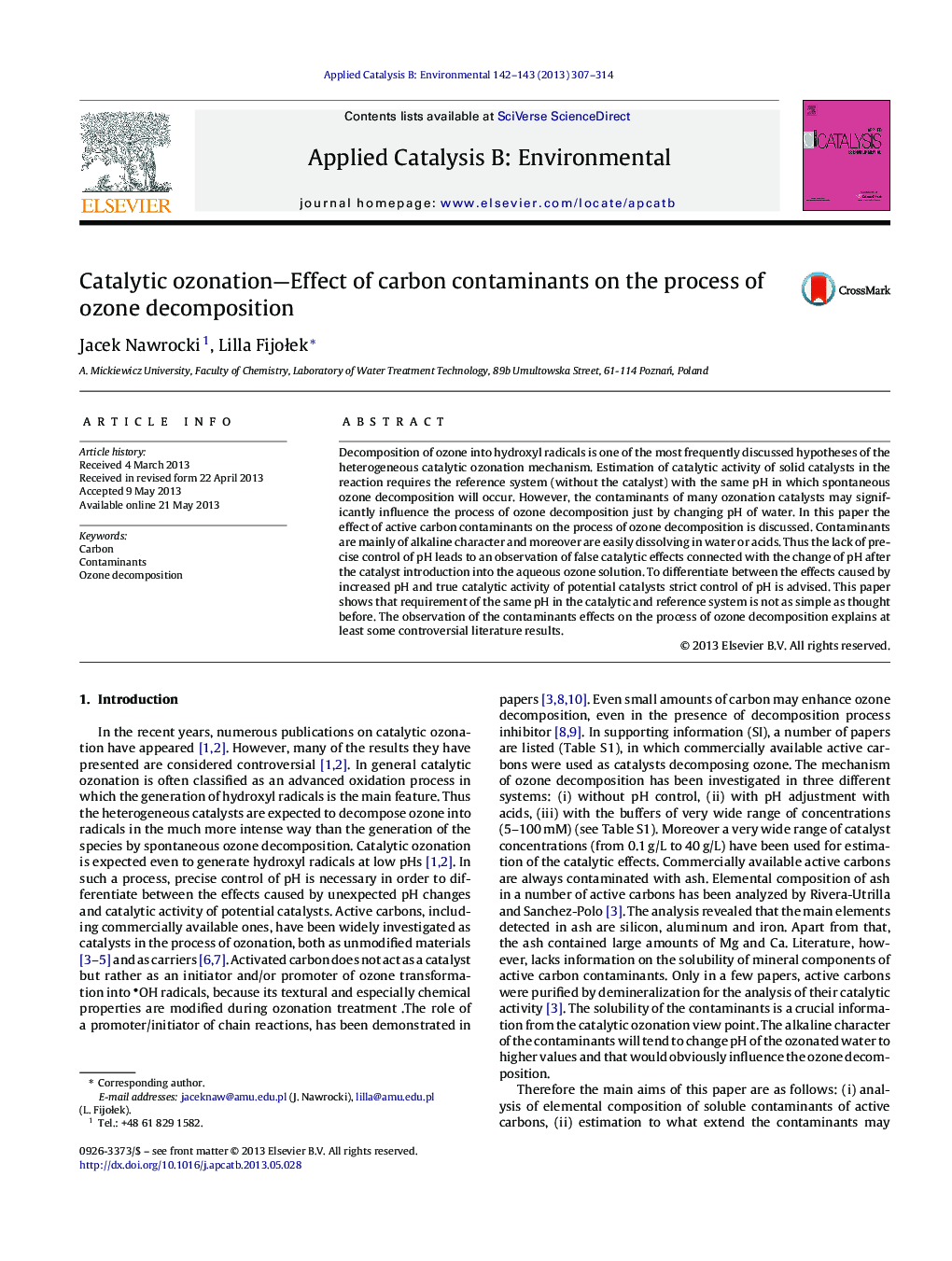 Catalytic ozonation-Effect of carbon contaminants on the process of ozone decomposition