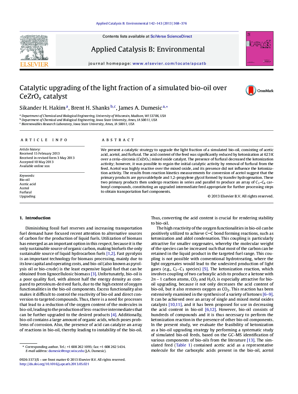 Catalytic upgrading of the light fraction of a simulated bio-oil over CeZrOx catalyst