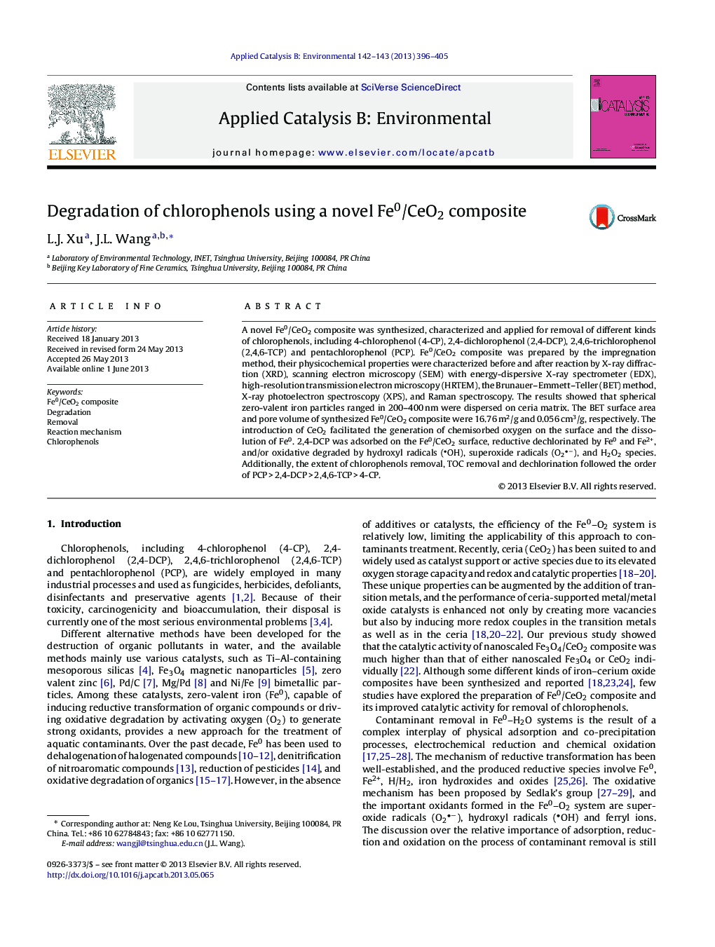 Degradation of chlorophenols using a novel Fe0/CeO2 composite