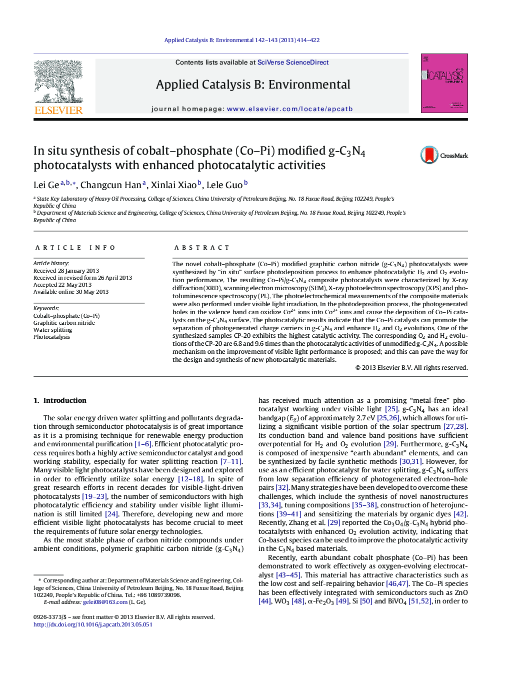 In situ synthesis of cobalt-phosphate (Co-Pi) modified g-C3N4 photocatalysts with enhanced photocatalytic activities