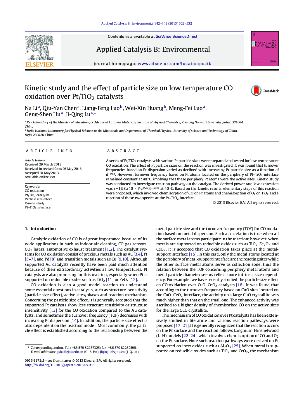 Kinetic study and the effect of particle size on low temperature CO oxidation over Pt/TiO2 catalysts