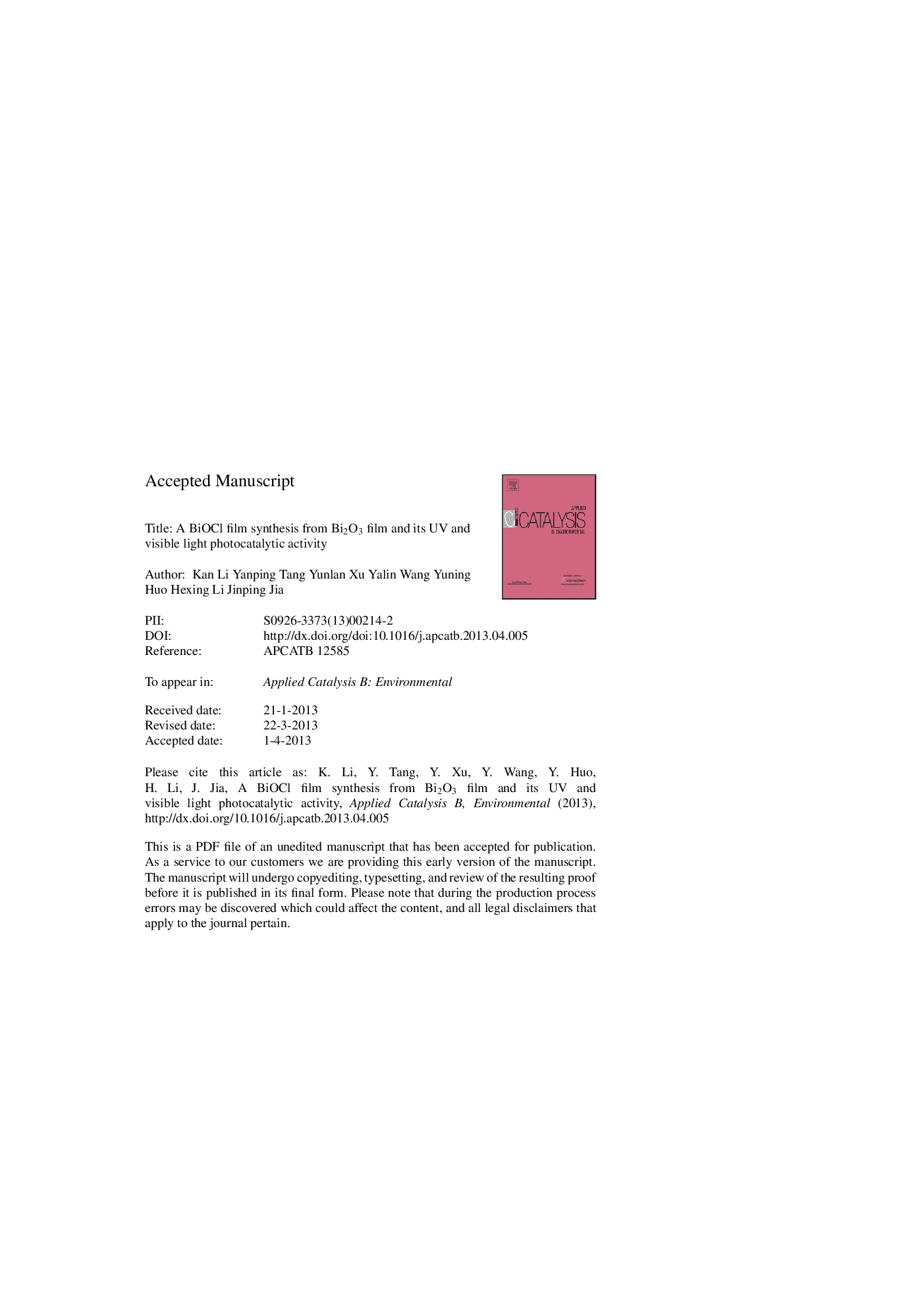 عکس صفحه اول مقاله: A BiOCl film synthesis from Bi2O3 film and its UV and visible light photocatalytic activity A BiOCl film synthesis from Bi2O3 film and its UV and visible light photocatalytic activity
