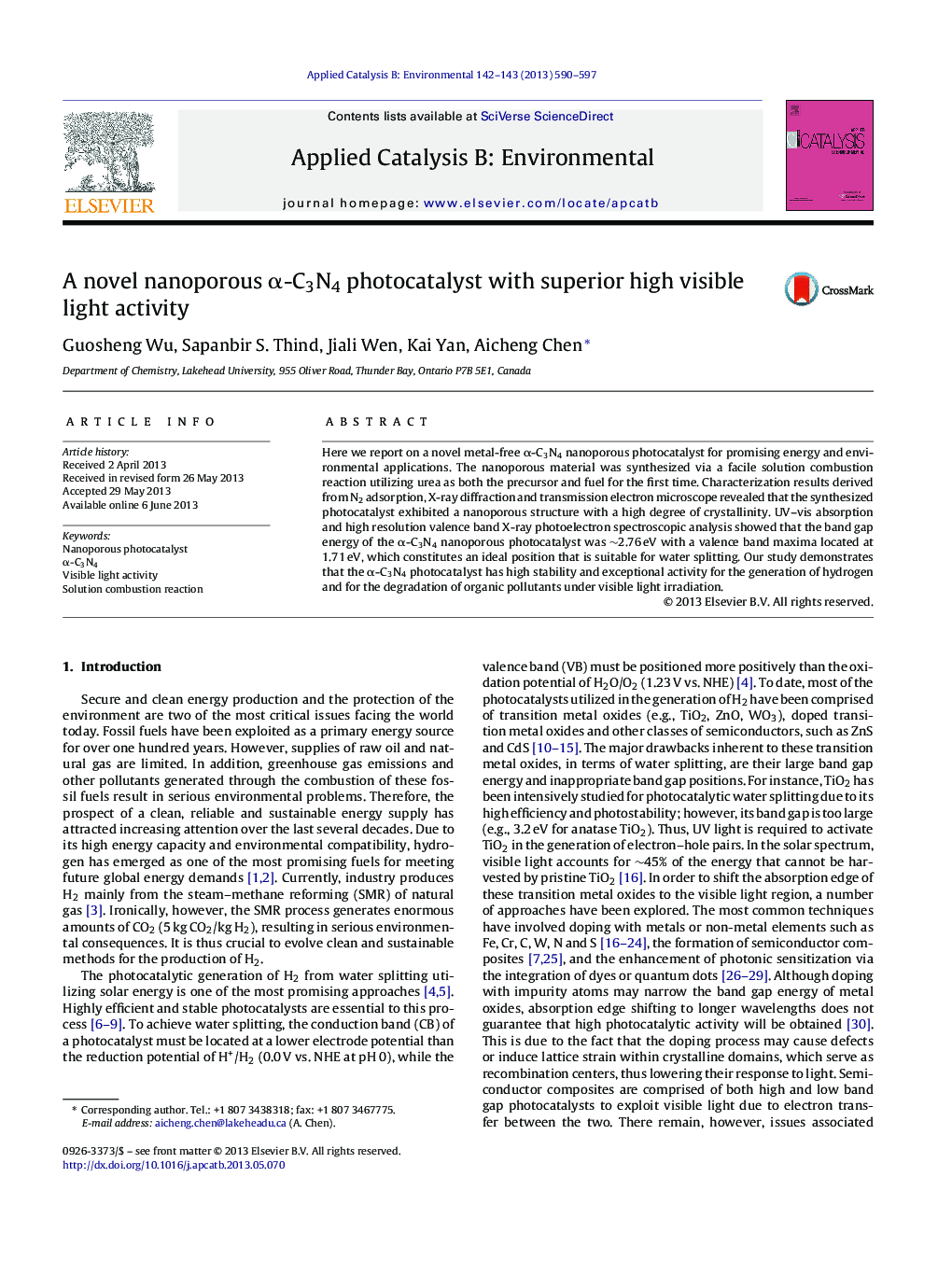 A novel nanoporous Î±-C3N4 photocatalyst with superior high visible light activity