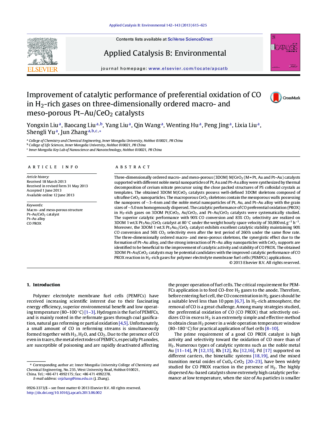 Improvement of catalytic performance of preferential oxidation of CO in H2-rich gases on three-dimensionally ordered macro- and meso-porous Pt-Au/CeO2 catalysts