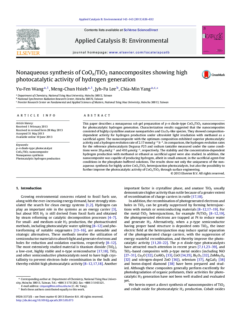 Nonaqueous synthesis of CoOx/TiO2 nanocomposites showing high photocatalytic activity of hydrogen generation