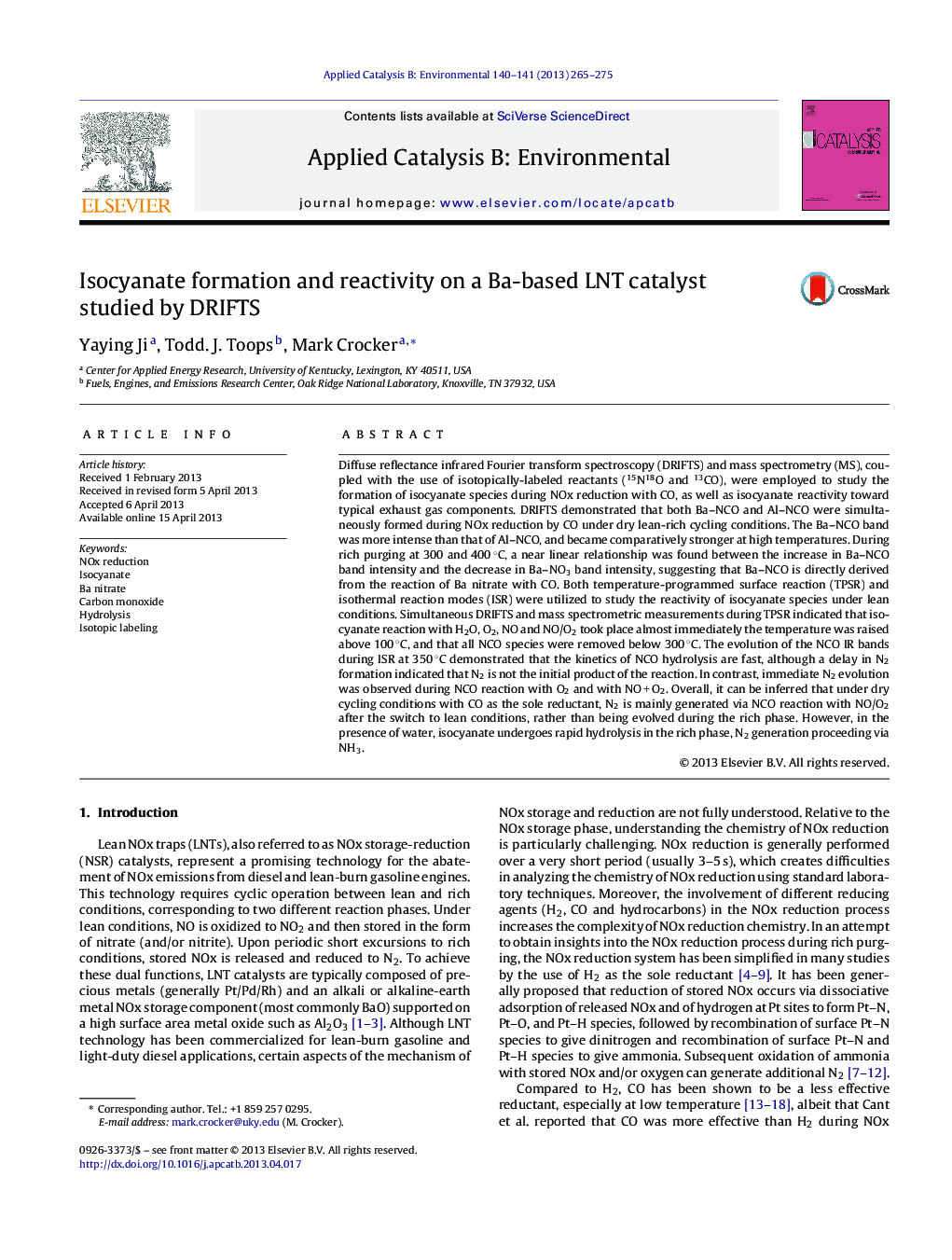 Isocyanate formation and reactivity on a Ba-based LNT catalyst studied by DRIFTS