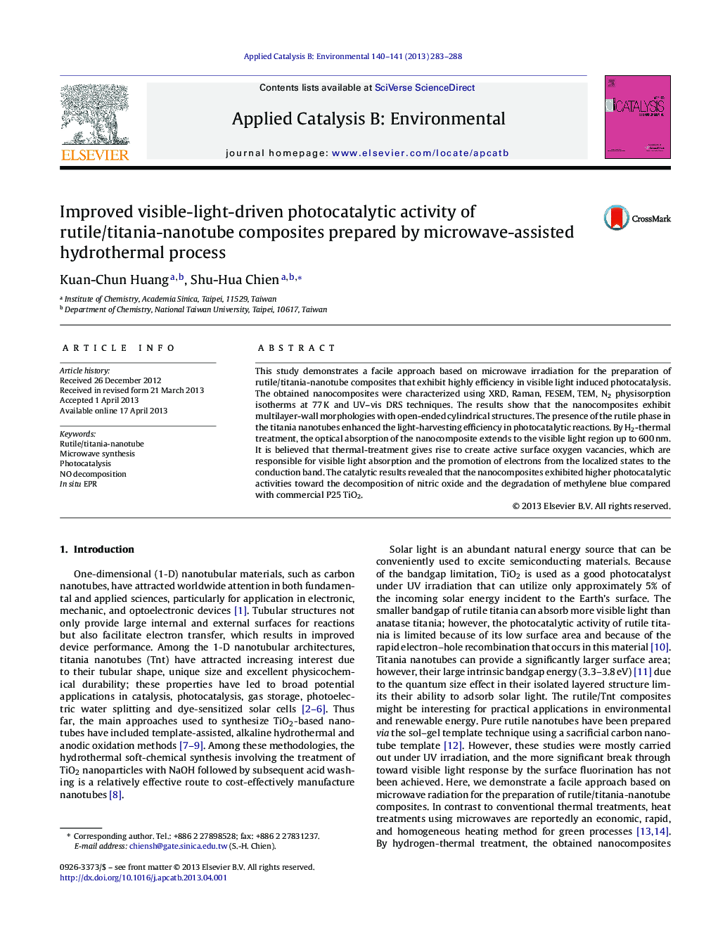 Improved visible-light-driven photocatalytic activity of rutile/titania-nanotube composites prepared by microwave-assisted hydrothermal process