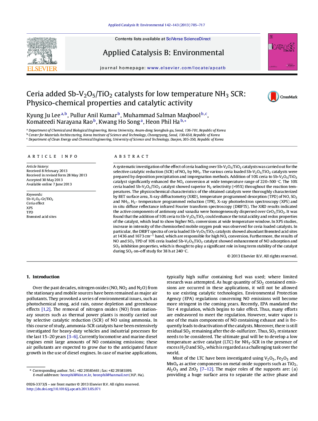 Ceria added Sb-V2O5/TiO2 catalysts for low temperature NH3 SCR: Physico-chemical properties and catalytic activity