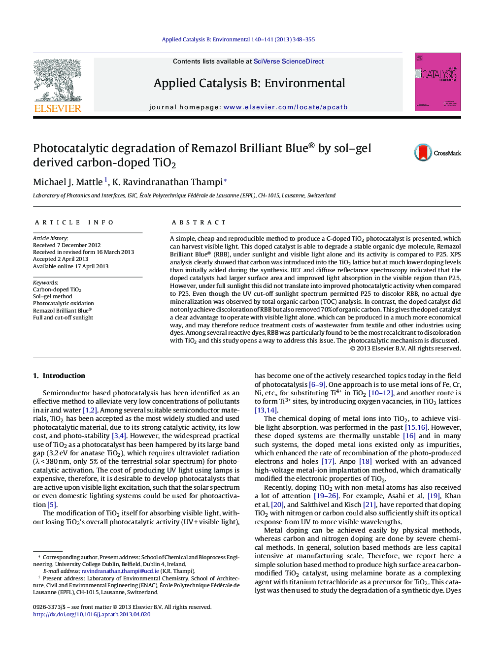 Photocatalytic degradation of Remazol Brilliant Blue® by sol-gel derived carbon-doped TiO2