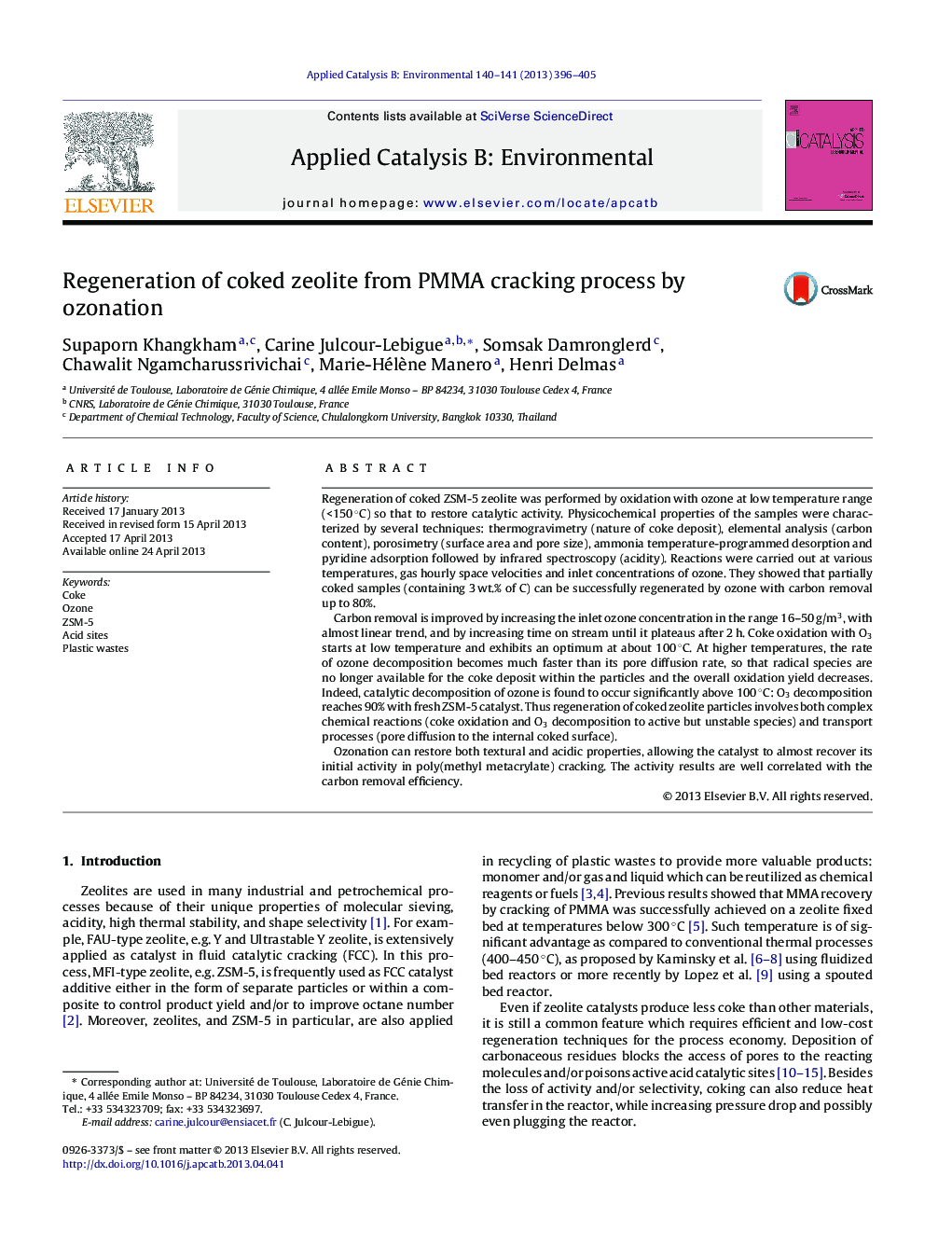 Regeneration of coked zeolite from PMMA cracking process by ozonation