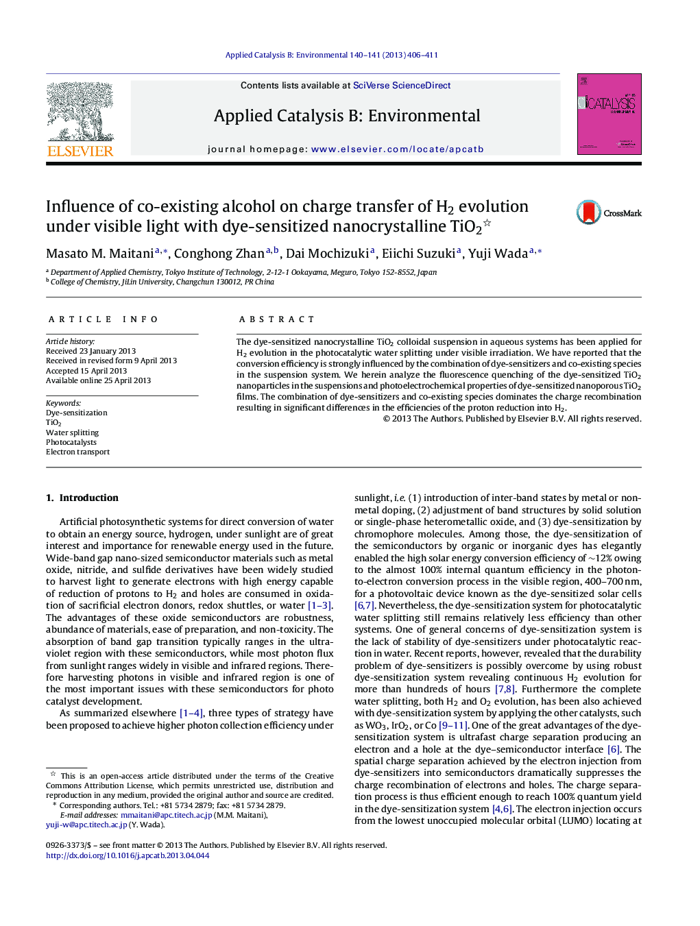 Influence of co-existing alcohol on charge transfer of H2 evolution under visible light with dye-sensitized nanocrystalline TiO2