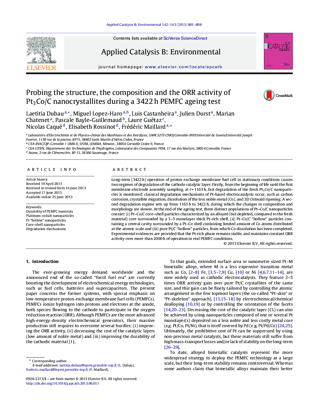 Probing the structure, the composition and the ORR activity of Pt3Co/C nanocrystallites during a 3422Â h PEMFC ageing test