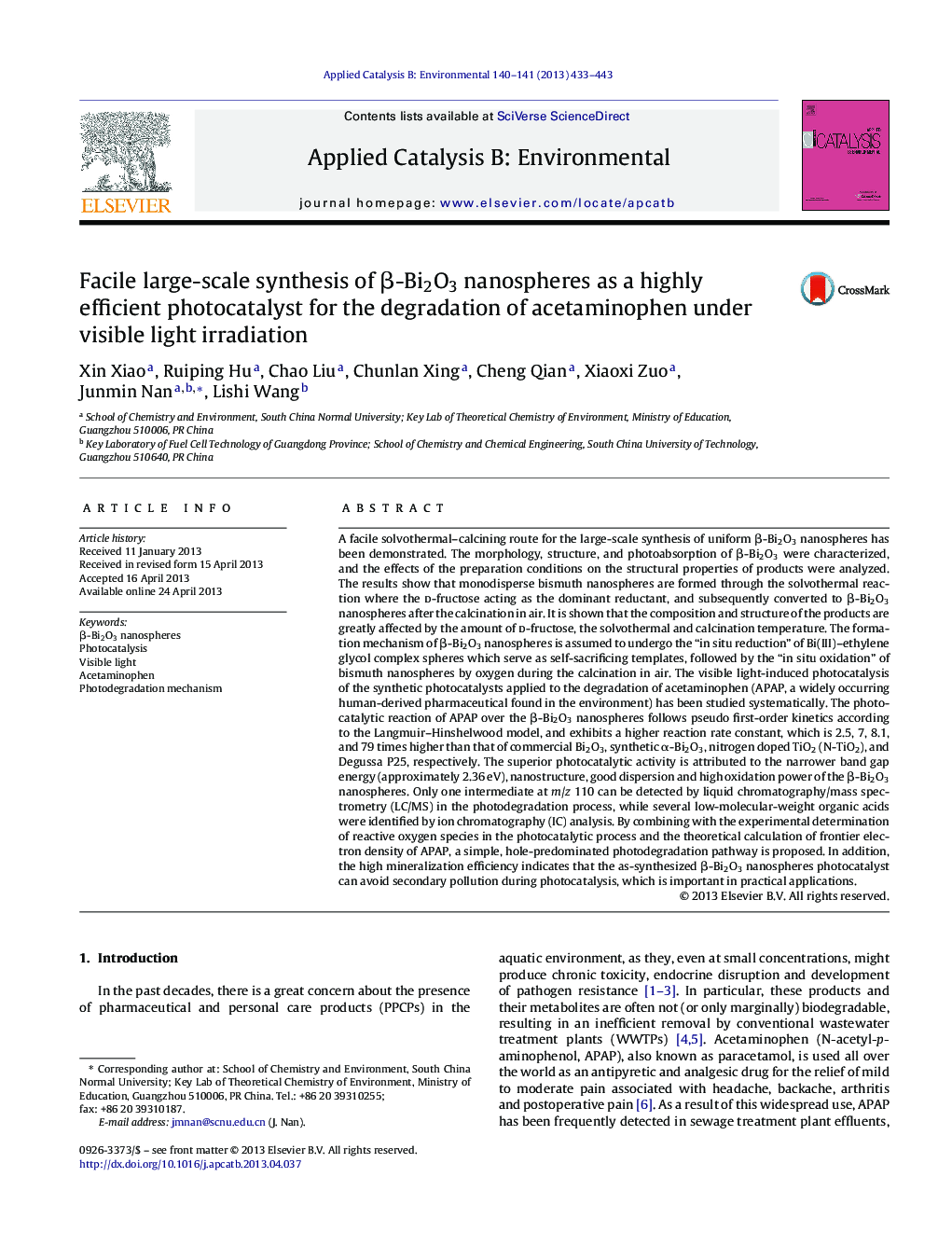 Facile large-scale synthesis of Î²-Bi2O3 nanospheres as a highly efficient photocatalyst for the degradation of acetaminophen under visible light irradiation