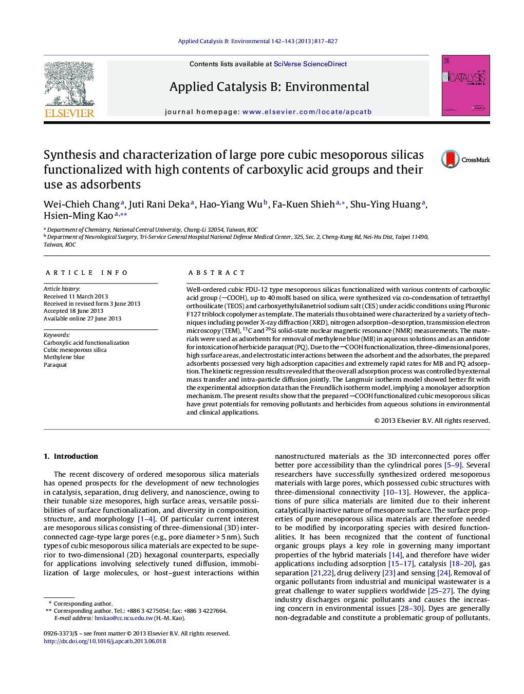 Synthesis and characterization of large pore cubic mesoporous silicas functionalized with high contents of carboxylic acid groups and their use as adsorbents