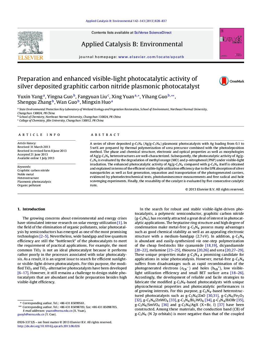 Preparation and enhanced visible-light photocatalytic activity of silver deposited graphitic carbon nitride plasmonic photocatalyst