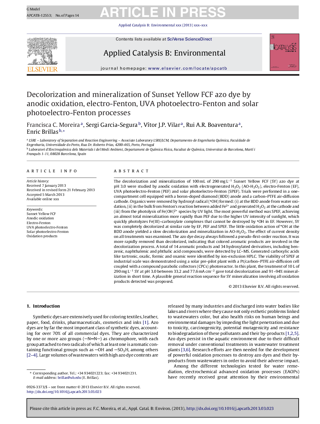 Decolorization and mineralization of Sunset Yellow FCF azo dye by anodic oxidation, electro-Fenton, UVA photoelectro-Fenton and solar photoelectro-Fenton processes