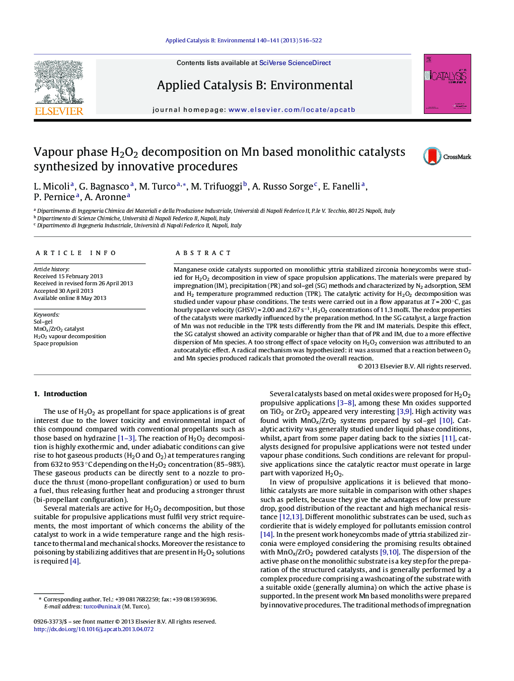 Vapour phase H2O2 decomposition on Mn based monolithic catalysts synthesized by innovative procedures