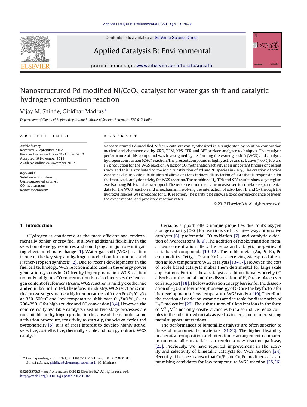 Nanostructured Pd modified Ni/CeO2 catalyst for water gas shift and catalytic hydrogen combustion reaction