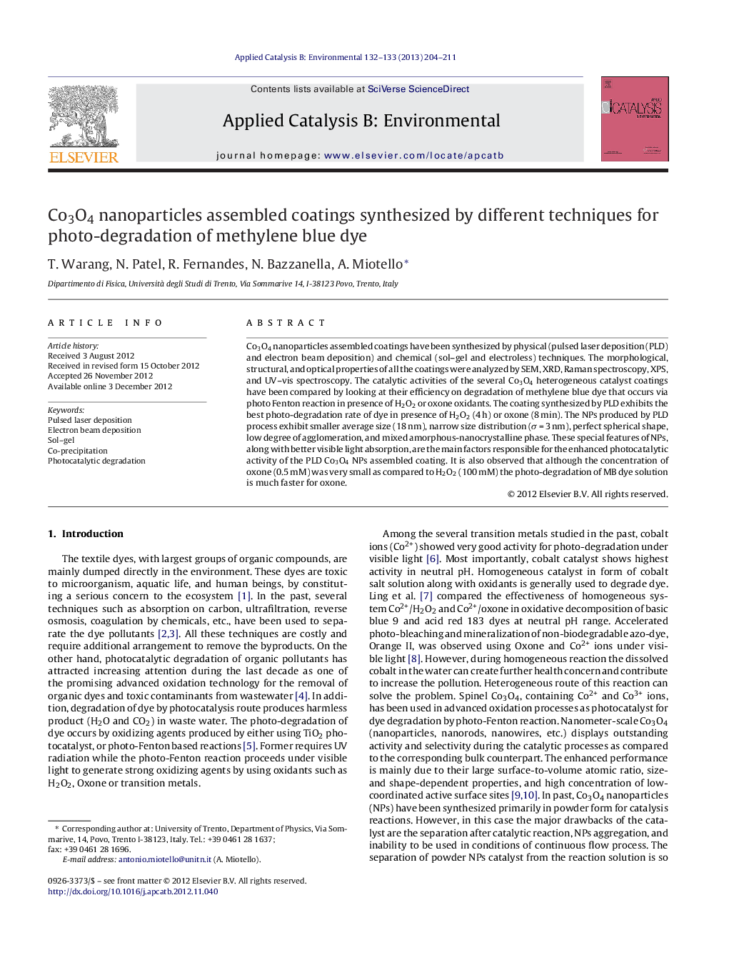 عکس صفحه اول مقاله: Co3O4 nanoparticles assembled coatings synthesized by different techniques for photo-degradation of methylene blue dye Co3O4 nanoparticles assembled coatings synthesized by different techniques for photo-degradation of methylene blue dye