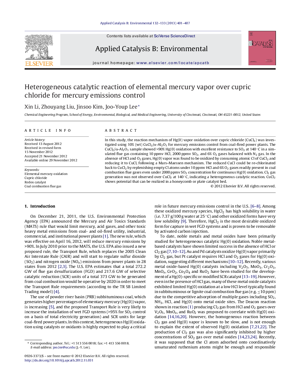 Heterogeneous catalytic reaction of elemental mercury vapor over cupric chloride for mercury emissions control