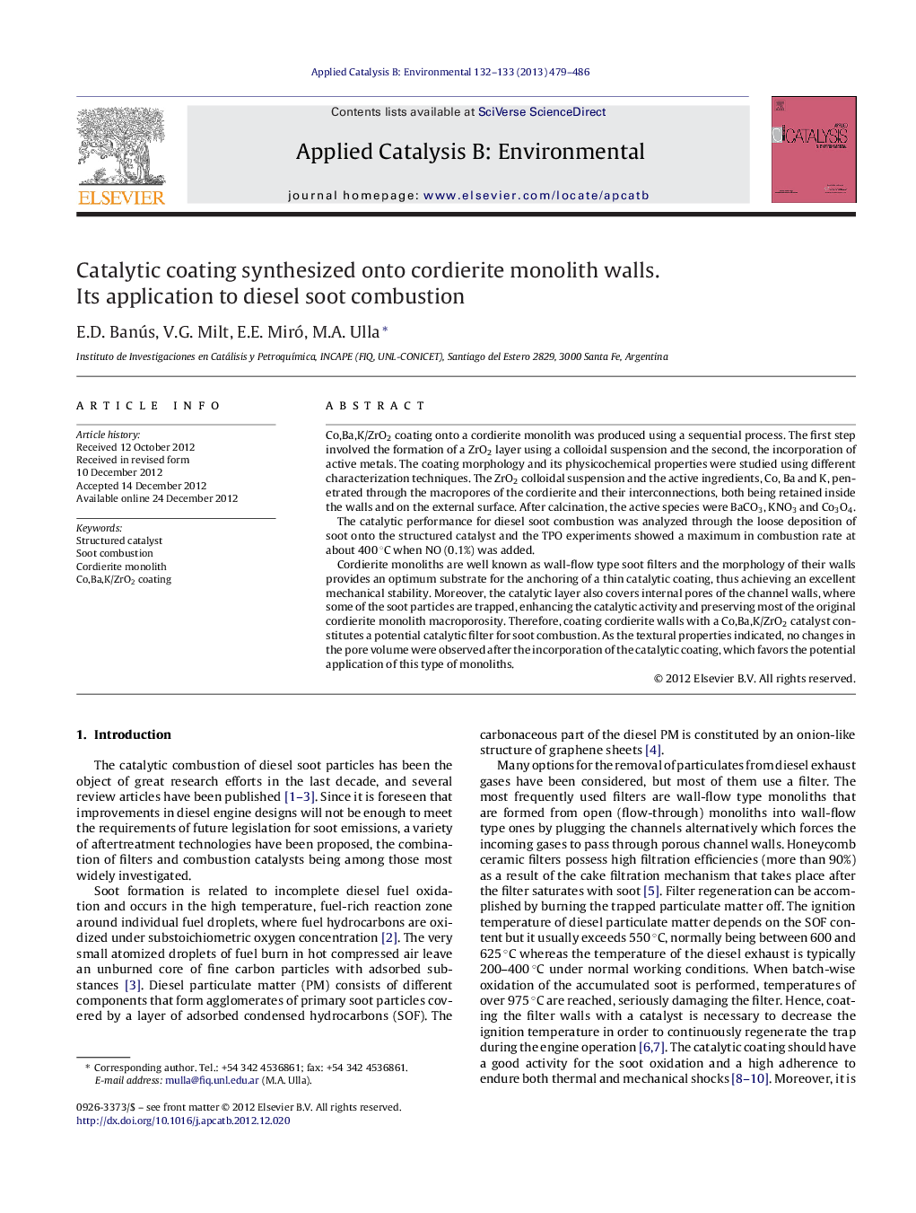 Catalytic coating synthesized onto cordierite monolith walls. Its application to diesel soot combustion