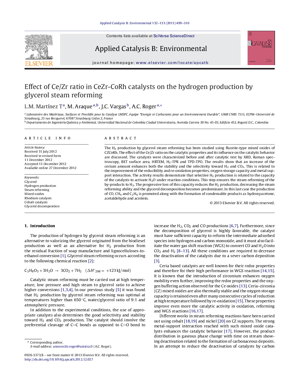 Effect of Ce/Zr ratio in CeZr-CoRh catalysts on the hydrogen production by glycerol steam reforming