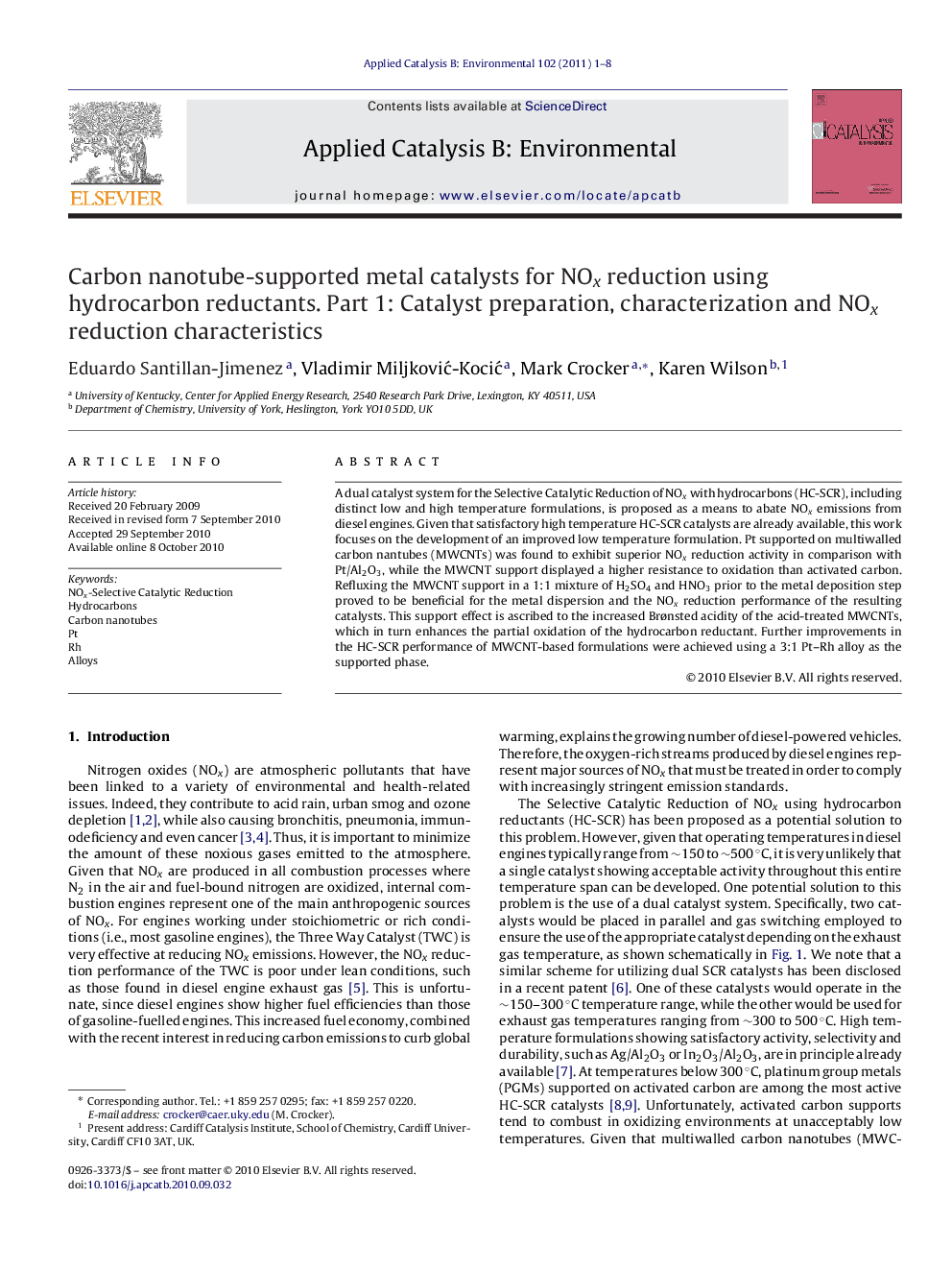 Carbon nanotube-supported metal catalysts for NOx reduction using hydrocarbon reductants. Part 1: Catalyst preparation, characterization and NOx reduction characteristics