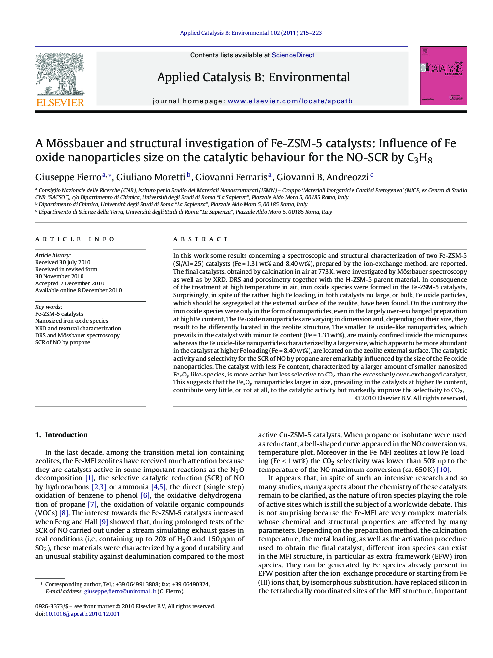 A Mössbauer and structural investigation of Fe-ZSM-5 catalysts: Influence of Fe oxide nanoparticles size on the catalytic behaviour for the NO-SCR by C3H8