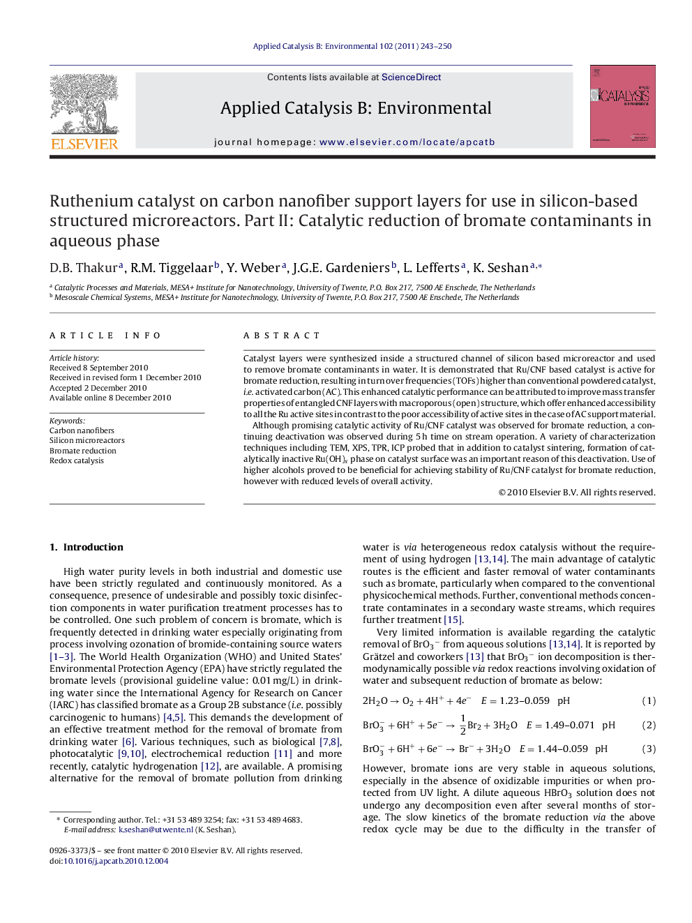 Ruthenium catalyst on carbon nanofiber support layers for use in silicon-based structured microreactors. Part II: Catalytic reduction of bromate contaminants in aqueous phase