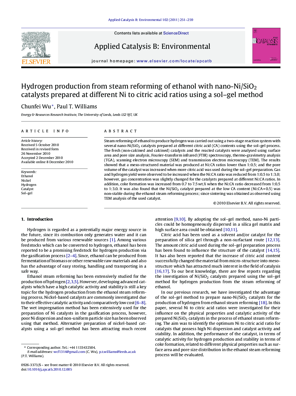 Hydrogen production from steam reforming of ethanol with nano-Ni/SiO2 catalysts prepared at different Ni to citric acid ratios using a sol-gel method
