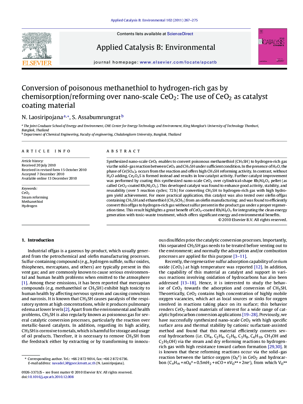 Conversion of poisonous methanethiol to hydrogen-rich gas by chemisorption/reforming over nano-scale CeO2: The use of CeO2 as catalyst coating material