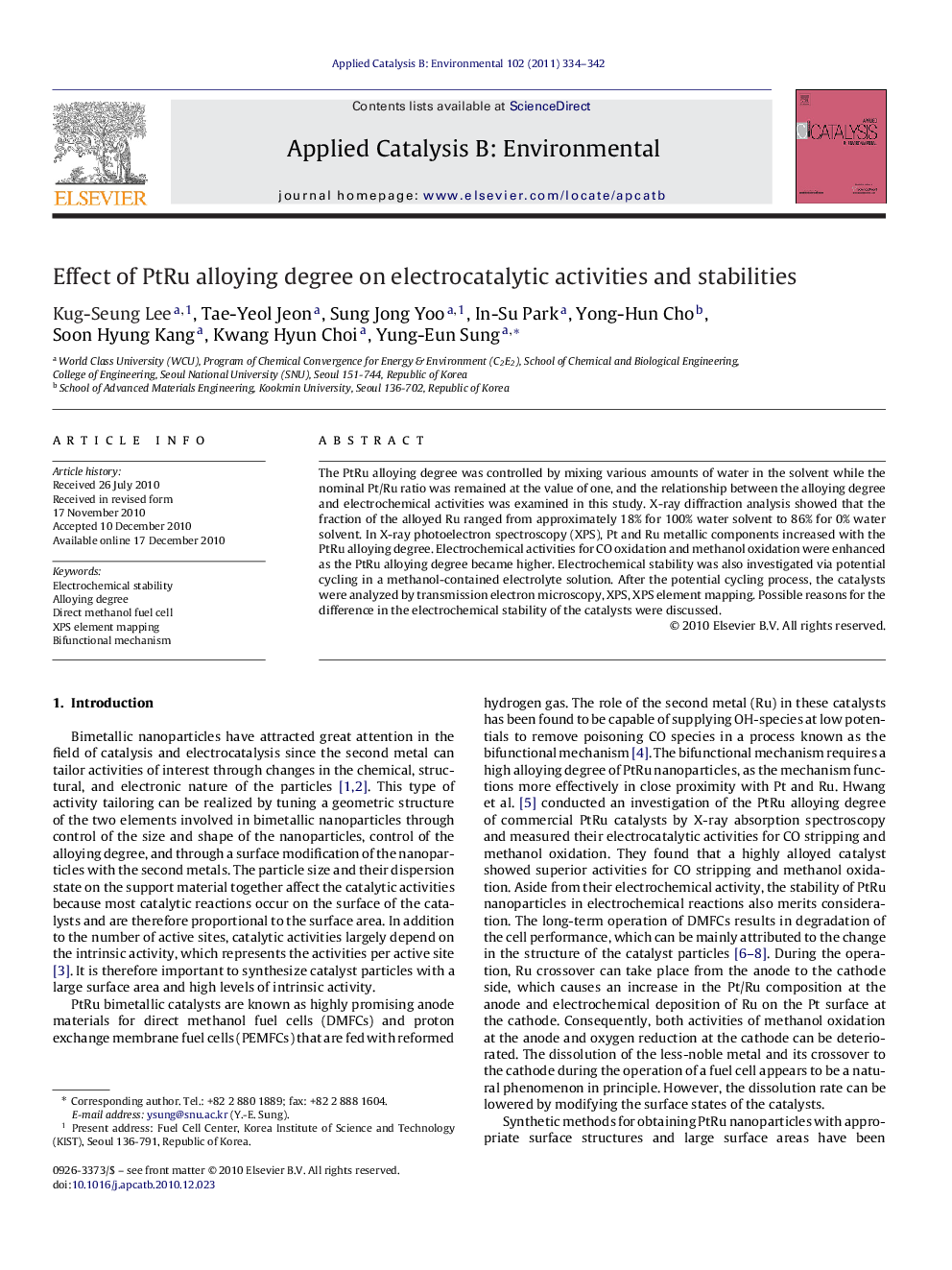 Effect of PtRu alloying degree on electrocatalytic activities and stabilities