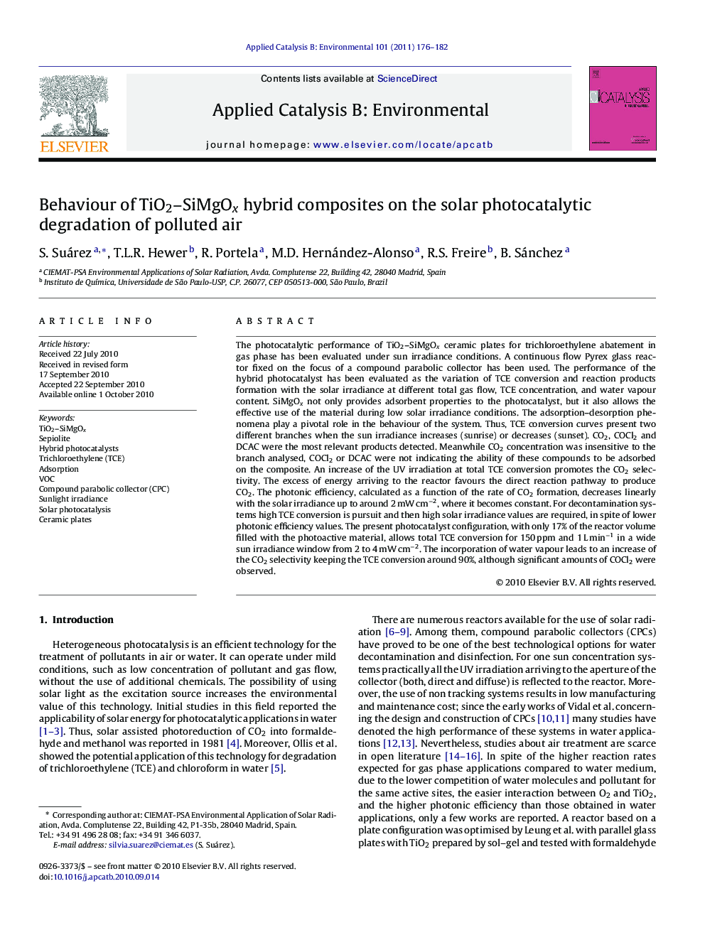 Behaviour of TiO2-SiMgOx hybrid composites on the solar photocatalytic degradation of polluted air