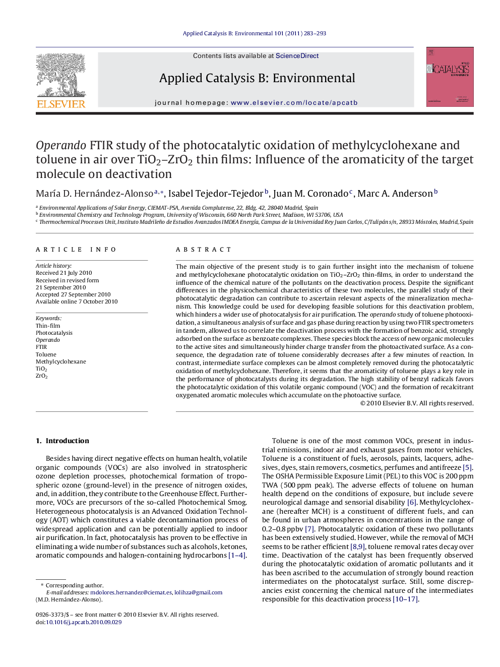 Operando FTIR study of the photocatalytic oxidation of methylcyclohexane and toluene in air over TiO2-ZrO2 thin films: Influence of the aromaticity of the target molecule on deactivation