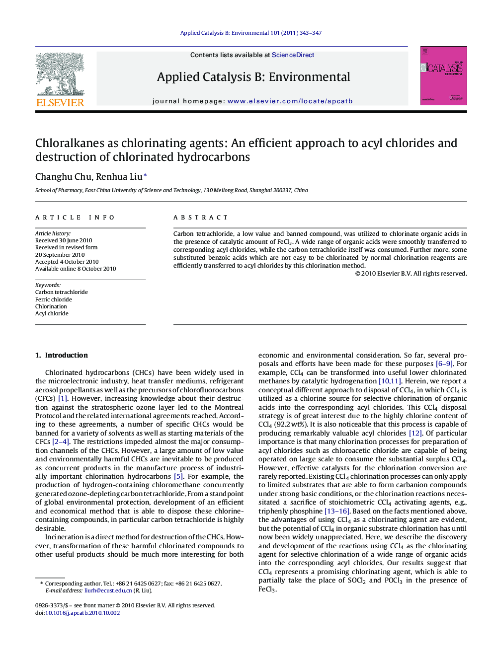 Chloralkanes as chlorinating agents: An efficient approach to acyl chlorides and destruction of chlorinated hydrocarbons