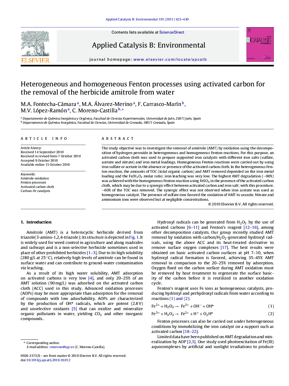 Heterogeneous and homogeneous Fenton processes using activated carbon for the removal of the herbicide amitrole from water