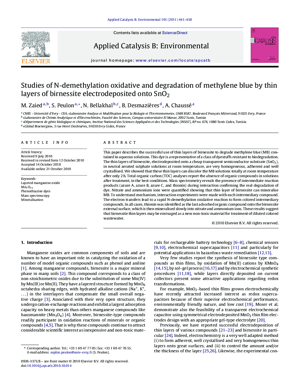 Studies of N-demethylation oxidative and degradation of methylene blue by thin layers of birnessite electrodeposited onto SnO2