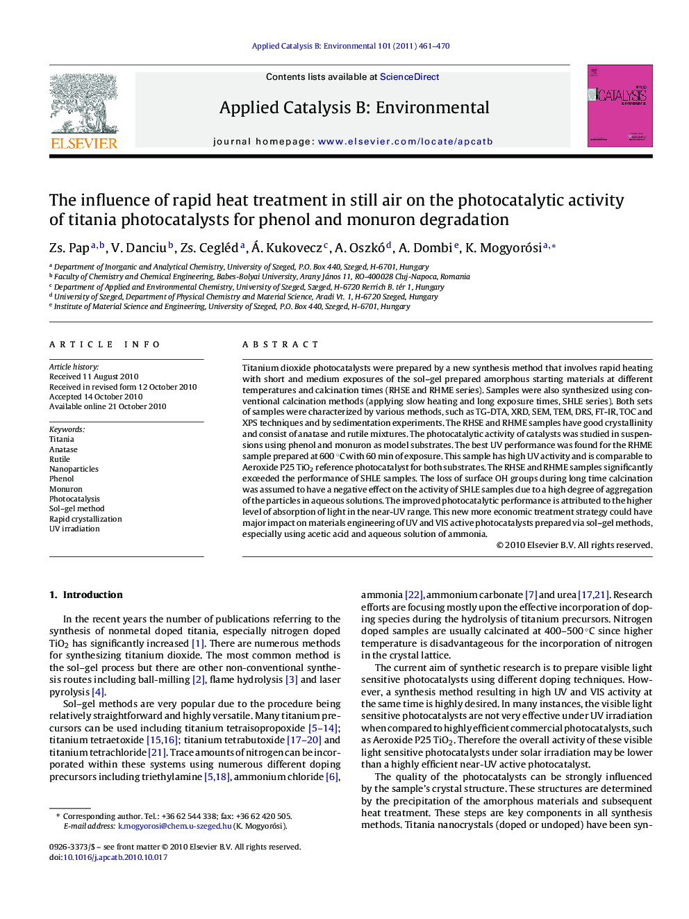 The influence of rapid heat treatment in still air on the photocatalytic activity of titania photocatalysts for phenol and monuron degradation