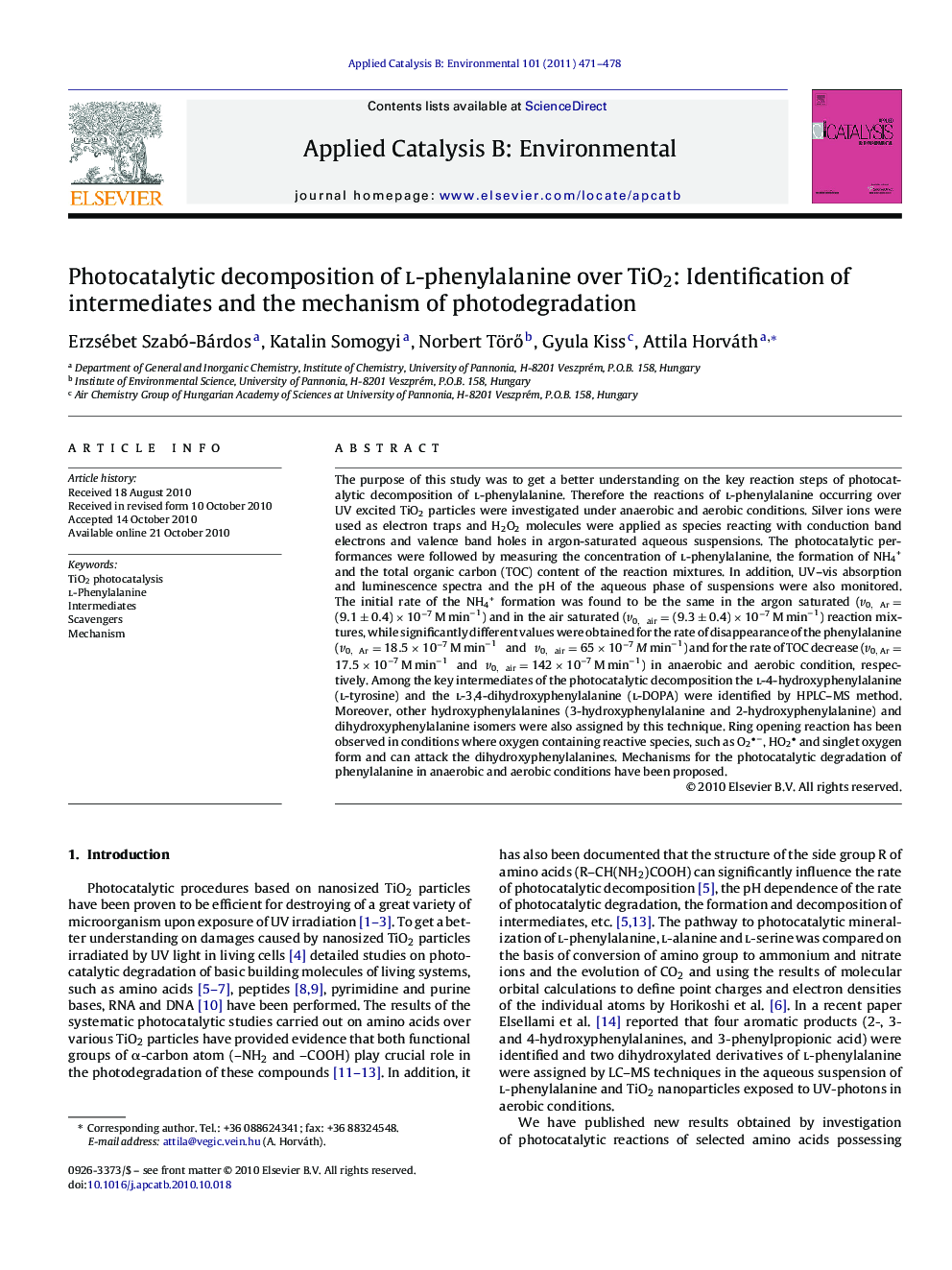 Photocatalytic decomposition of l-phenylalanine over TiO2: Identification of intermediates and the mechanism of photodegradation