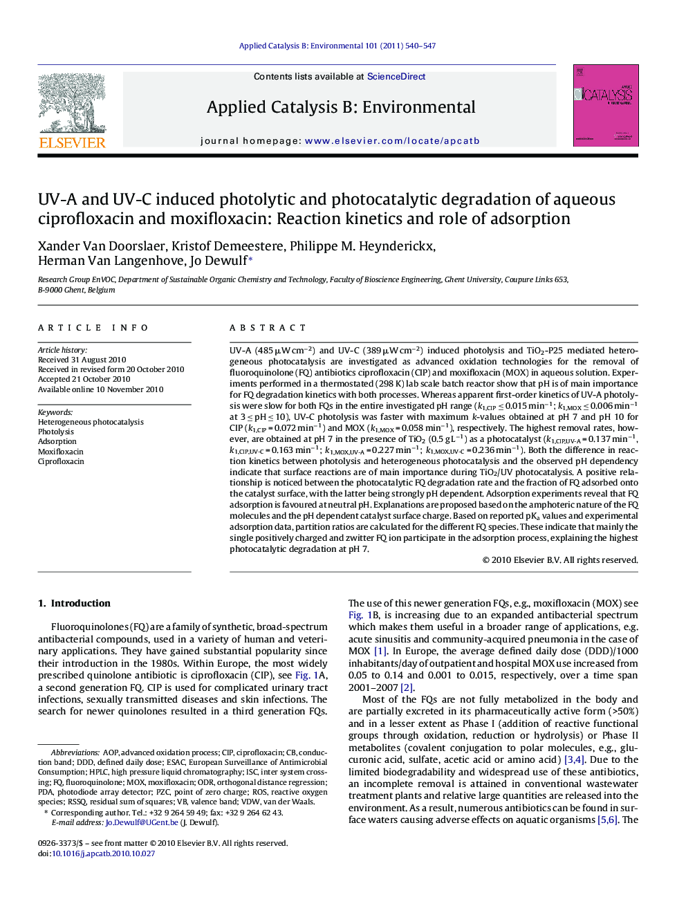 UV-A and UV-C induced photolytic and photocatalytic degradation of aqueous ciprofloxacin and moxifloxacin: Reaction kinetics and role of adsorption